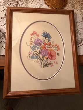 Framed Floral Cross Stitch Art - Multicolor Bouquet